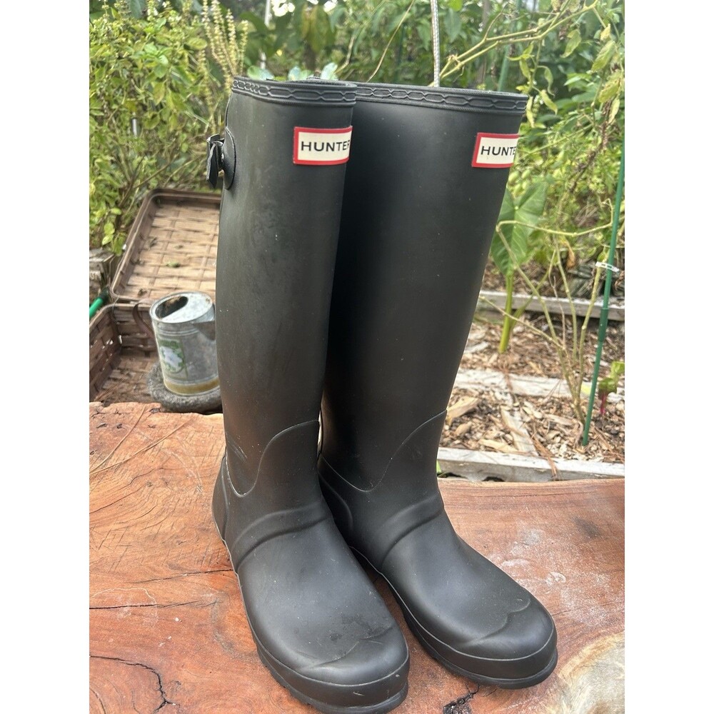 Hunter Rain Boots Womens 7 Black Matte Original Tall Back Adjustable Side Buckle